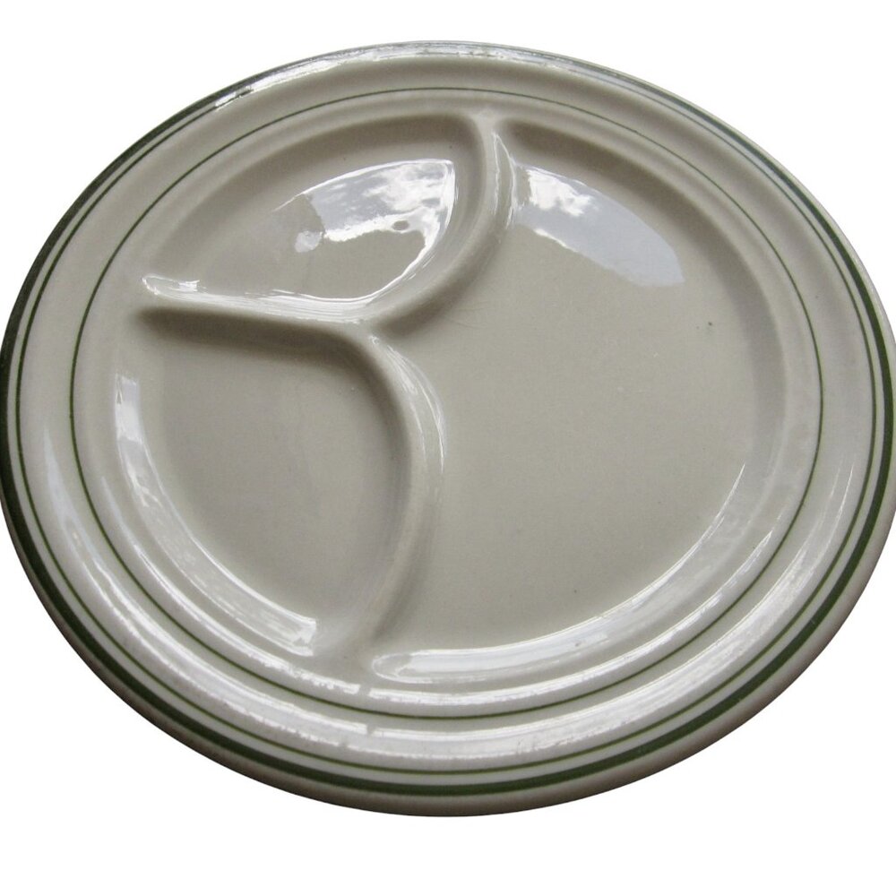 Vintage Wellsville 2 Divided Grill Plates White w Green Restaurant Diner Ware US